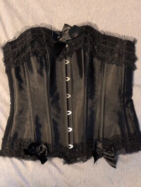 Corset Story Black Satin Lace Overbust Corset, Size UK 14